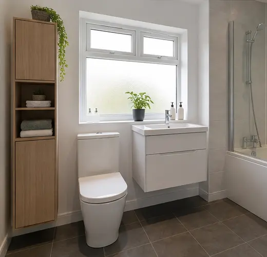 Complete bathroom installation with practical bathroom fittings
