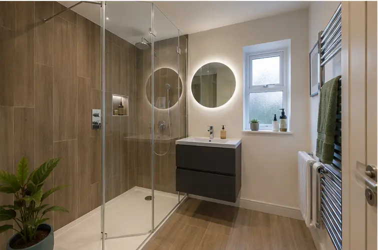 Bathroom with fitted storage and coordinated bath or shower fittings