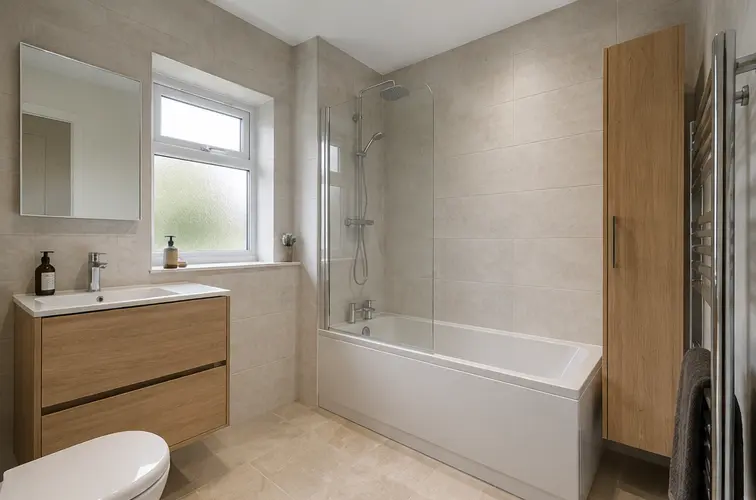 Bathroom with fitted storage and coordinated bath or shower fittings