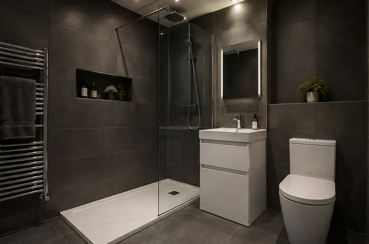 Bathroom with fitted storage and coordinated bath or shower fittings