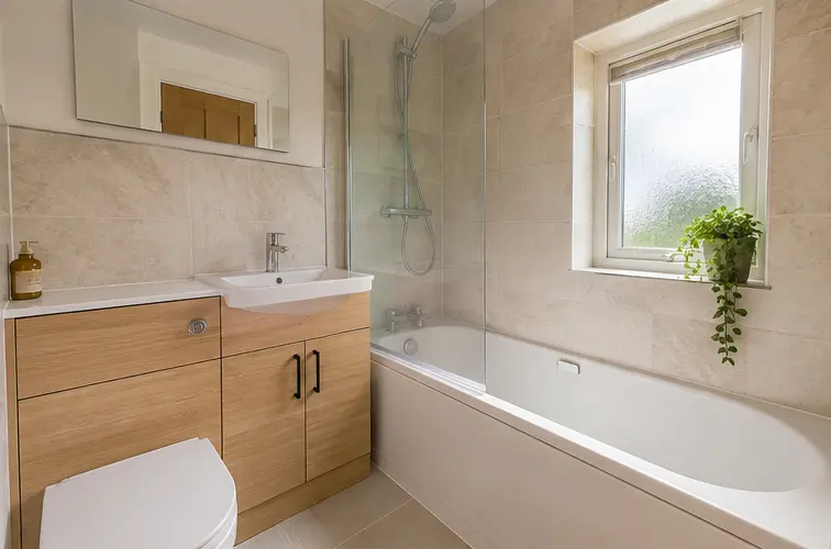 Compact bathroom with a fitted bath, wood-effect vanity and shower