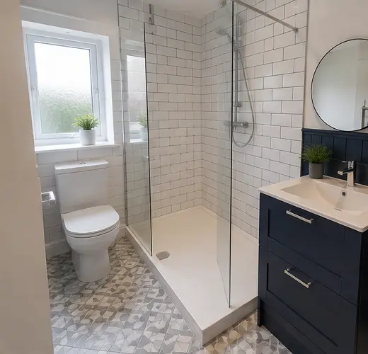Modern bathrooms with fitted storage and coordinated finishes