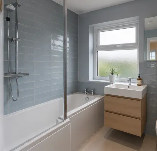 Small bathrooms with fitted storage and coordinated finishes