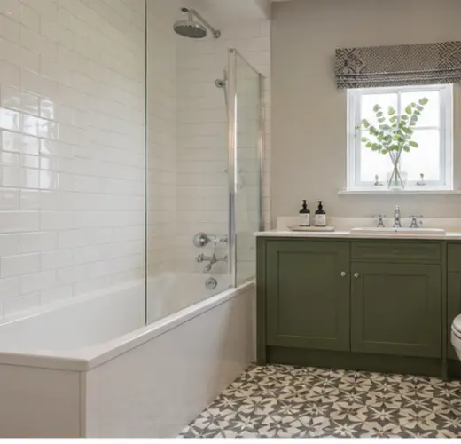 Traditional bathrooms with fitted storage and coordinated finishes