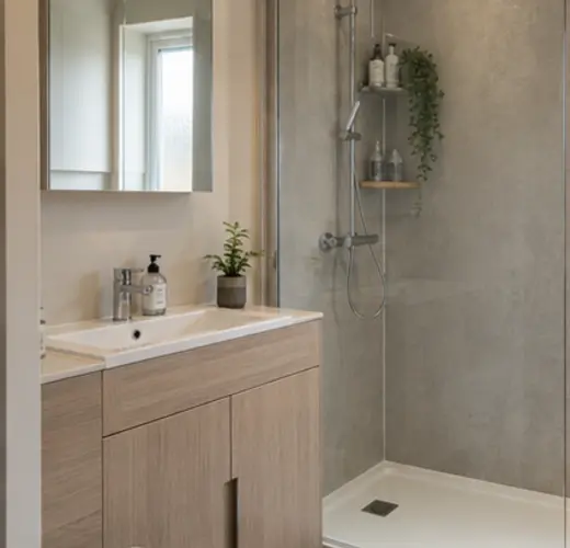 Walk-in showers with practical bathroom fittings